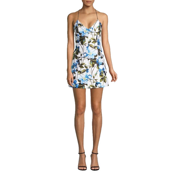 Alice + Olivia Tayla Blue Jacquard Floral Mini Dress Coquette Cottage Glam SZ 2 - Picture 1 of 16